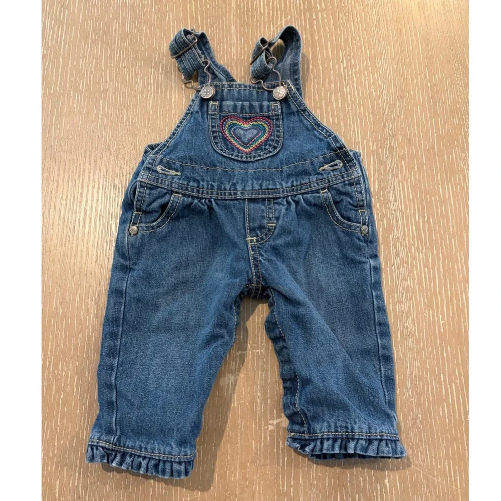 OshKosh B'gosh Baby Girls 3 Months Denim Overalls Rainbow Heart Ruffle Hem